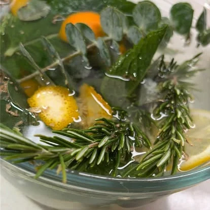 Rosemary, eucalyptus, mint and citrus steeping in water